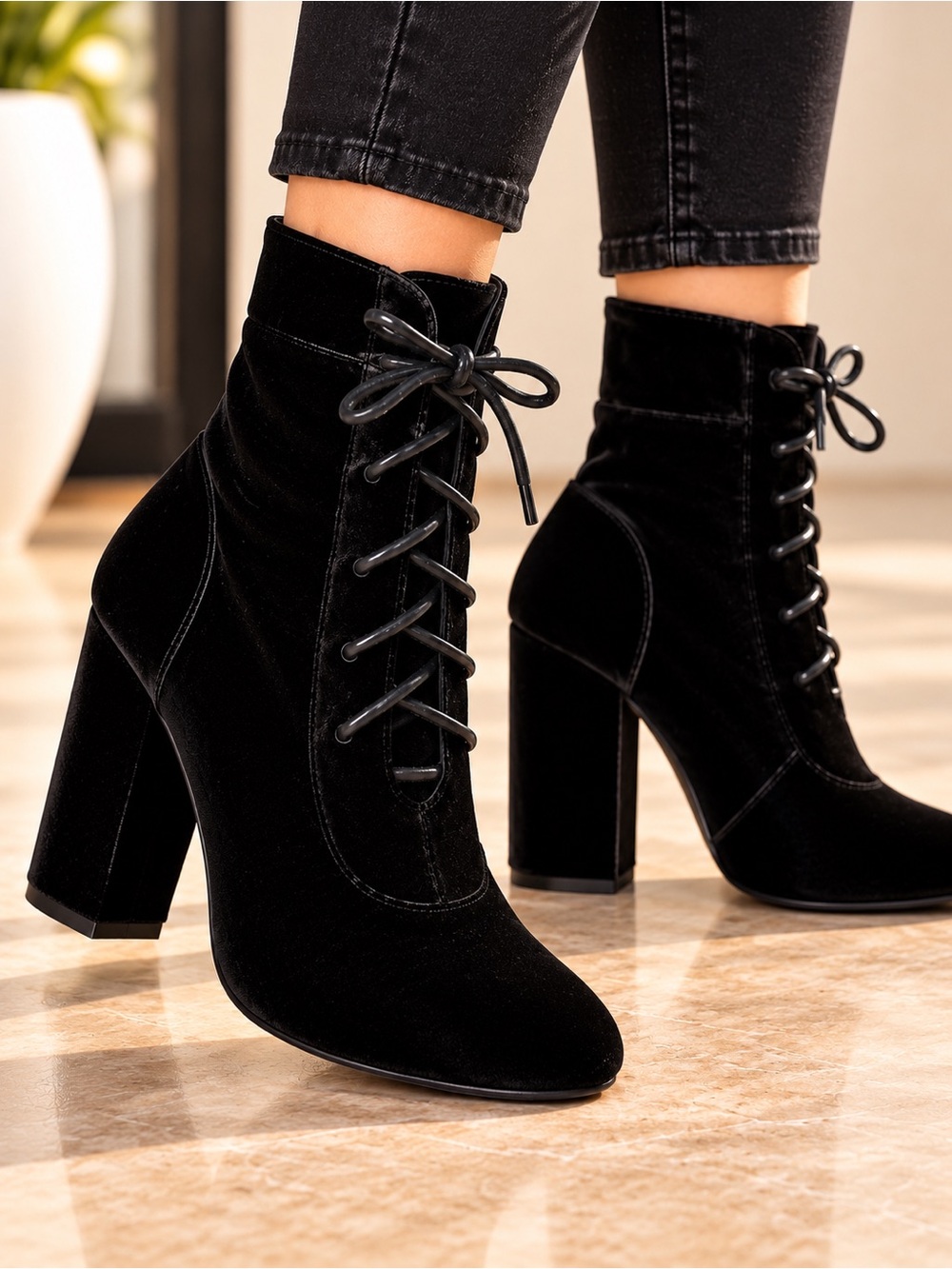 🌙✨ Black Velvet Lace-Up Ankle Boots Size 9